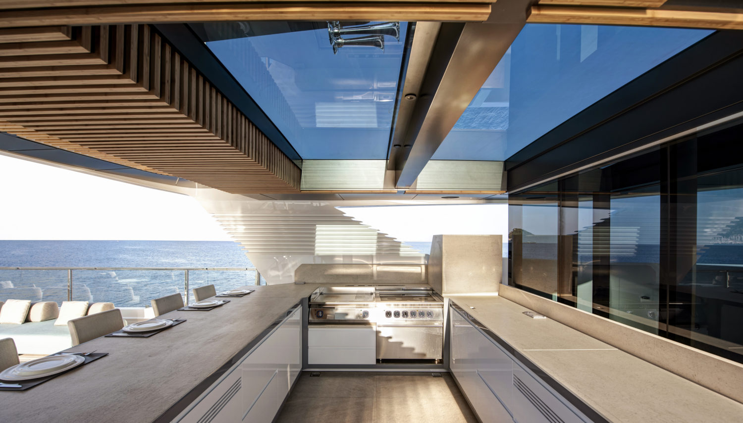Al Waab – 55m superyacht – Interior Design on the decks – Outside kitchen and bar- Vripack Design – Award winning