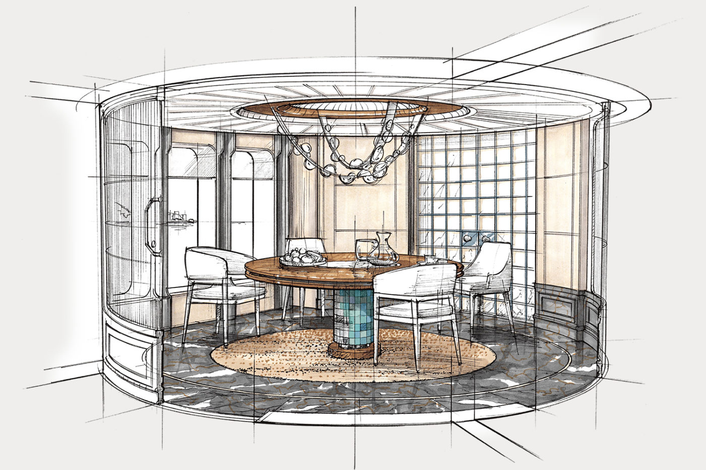 Vripack Design - handmade sketches - interior design process - 3D sketch of the dining area